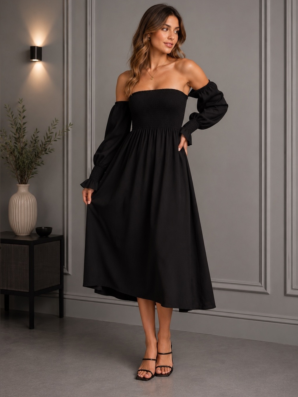 Petal & Pup Women's Domenica Shirred Long Sleeve Midi Dress B3254